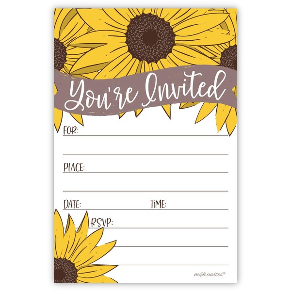 Sunflower Party Invitations (20 Count) with Envelopes - Bridal Shower, Wedding, Birthday, Baby Shower, Any Occasion