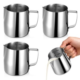 4 Pcs Milk Frothing Pitchers, 12 Oz 304 Stainless Steel Espresso Steaming Pitchers with Measuring Markers, Heat Resistant Rustproof Barista Tools for Home Baristas, Coffee Shops (Silver)