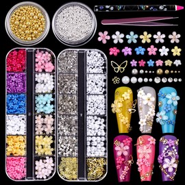 CUBLIVE Nail Charms Set, 3D Blossom Butterfly Nail Art Charms, Half Round Pearl & Flatback Gems AB Jewelry Nail Craft Decorations Accessories Supplies (NC-ZH1)