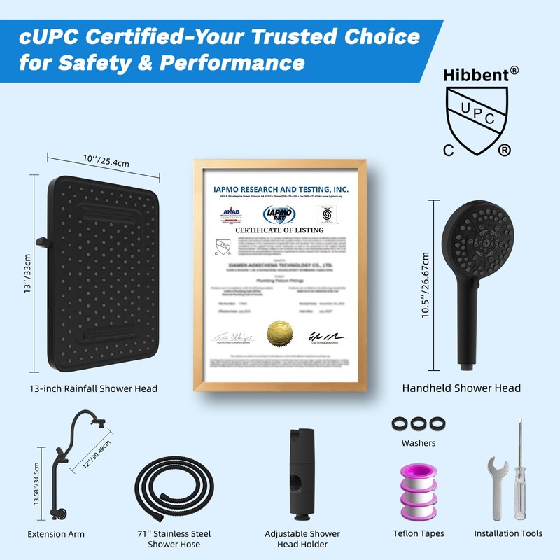 Hibbent cUPC Certified 13'' Shower Head Combo, High Pressure 5