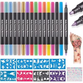 Lictin Tattoo Pens Children, 16 Colours Tattoo Pens for Children with 8 Tattoo Stencils, Waterproof Makeup Pens for Adults, Children's Make-Up Glitter Tattoo Set for Halloween Make-Up