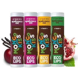 Eco Lips Protetor labial orgnico Mongo Kiss pacote com 4 hortel-pimenta, rom, mel de baunilha, cereja preta - 100 orgnico USDA - acalma, hidrata...   
