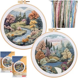2 Set Embroidery Kit DIY for Adult Beginner, Pre-Stamped Patterns Mountain Sea Embroidery Kits with Hoop, Colored Threads and Needles, Easy to Follow Needlework (Boho Trees)
