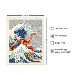 Kanagawa Wave Octopus Wall Art 11x14 - Retro Ocean Themed Home Decoration for Office, Apartment, Beach house, Living Room, Bedroom - Japanese Art - Eclectic Trendy Goth Wall Decor, Coastal Beach Theme
