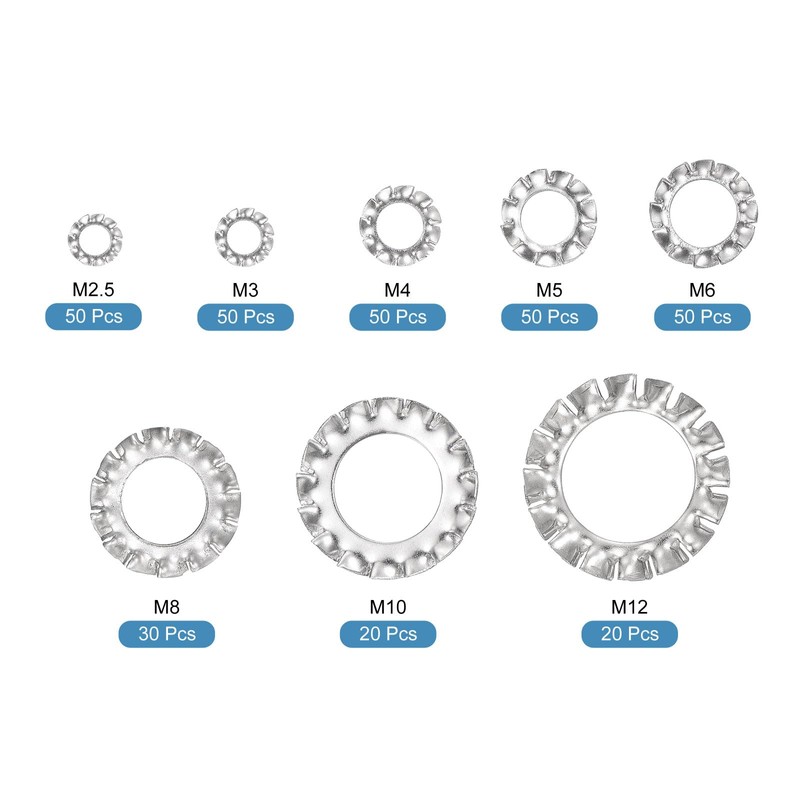 uxcell 320Pcs External Tooth Washers Assortment Kit, 304 Stainless Steel