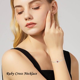 TOUPOP Ruby Cross Bracelet for Women Sterling Silver Birthstone Cross Bracelet Heart Cross July Birthstone Jewelry Birthday Mothers Day Gifts for Her Mom