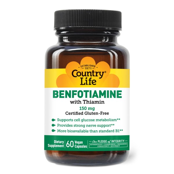 Country Life Benfotiamine with Thiamin, Nerve Health Support, 150mg, 60 Vegetarian Capsules, Certified Gluten Free, Certified Vegan