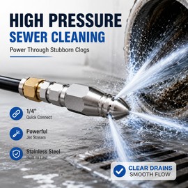 Sewer Jetter Nozzle for Pressure Washer Use – 1/4" Stainless Steel Quick Plug Drain Cleaning Tool