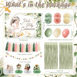 First Communion Decorations Holy Communion Decorations Included Backdrop Banner Foil Curtains Honeycomb Centerpieces Balloons Pompoms Paper Tassels First Cmmunion Decor for Girls