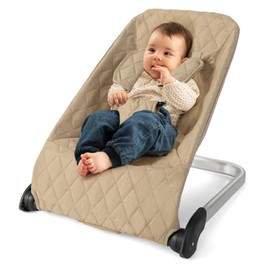 HONEY JOY Baby Bouncer, Portable Folding Infant Newborn Stationary Seat with Vibrations, Safety Harness, Machine Washable Fabric, Bouncer Seat for Babies 0-6 Months up to 20 lbs (Beige)