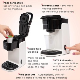 Mixpresso Single Cup Coffee Maker, Personal Single Serve Coffee Brewer Machine, Compatible with Single-Cups, Quick Brew Technology, Programmable One Touch Function White Coffee Maker