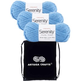 Premier Yarns Serenity Chunky Solid Blue Sky 700-46 (3-Skeins - Same Dye Lot) Chunky Bulky #5 Acrylic Yarn for Crocheting and Knitting - Bundle with 1 Artsiga Crafts Project Bag