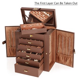 AKOZLIN Large 6-Tier Jewelry Box Organizer Functional Huge Lockable,5 Drawers Leather Jewelry Storage Case for Women Girls Ring Necklace Earring Bracelet Holder Organizer with Mirror Brown