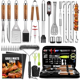 34Pcs Grill Accessories Grilling Gifts for Men, 16 Inches Heavy Duty BBQ Accessories, Stainless Steel BBQ Tools with Thermometer, Grill Mats for Backyard, BBQ Gifts Set for Men Women