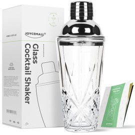 Glass Cocktail Shaker Kit, JOYCEMALL 14.5 Ounce Martini Mocktail Making Set with Leakproof Metallic Steel Lid & Strainer for Home Use & Bar Cart Silver