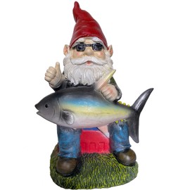 MI MANCHI Fishing Gnome with Tuna Fish,Fishing Garden Gnomes Outdoor,Funny Garden Gnome 9“，Fishing Gnomes Decorations for Yard