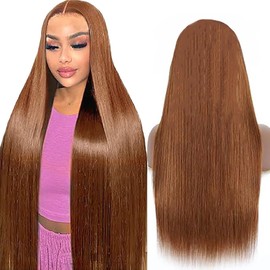 Weeybay Real Hair Wig, Bone Straight Human Hair Wig, Glueless Wear and Go, 4 x 1 Lace Closure Wigs, Women, 100% Brazilian Bleached Knots, Light Brown Colour, 8A Grade, 32 Inches (81 cm)