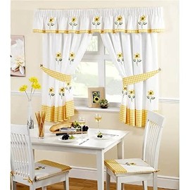 Sunflower Pencil Pleat Headed Kitchen Curtains and Tiebacks, Yellow/White, 46 x 42-Inch
