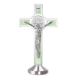 2Pcs 3 Inch Alloy Enamel Saint Benedict Standing Crucifix Luminous Glow in The Dark Crucifix Wall Cross with Sticker on bottom to stick on Table Top,Car or Home Alter