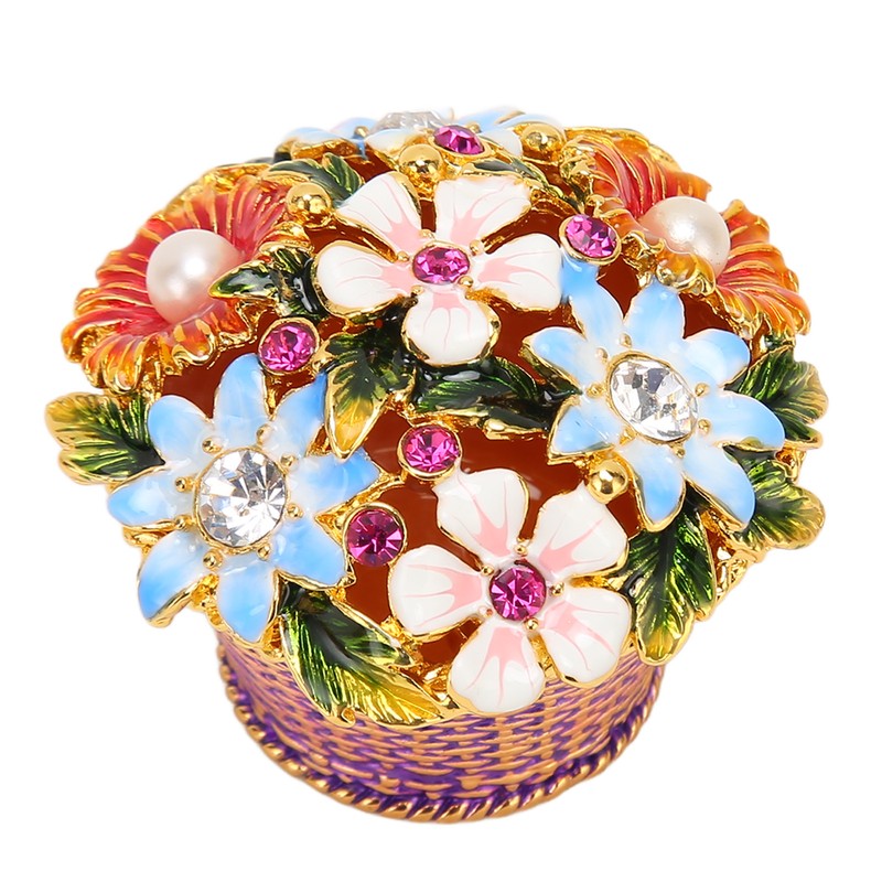 Flower Basket Jewelry Box Exquisite Vintage Hand Painted Metal Trinket