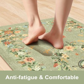 KIMODE Kitchen Anti Fatigue Mats, Farmhouse Kitchen Rugs Sets of 2, Memory Foam Kitchen Mats for Floor, Waterproof Standing Mat for Sink Laundry Office Desk Green 17"x59"+17"x29"