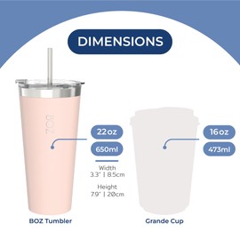 BOZ Tumbler - Tumbler with Lid and Straw - Insulated Tumbler Cup - Cups with Lid and Straw - Stainless Steel Tumbler - Thermal Cup Perfect for Hot and Cold Drinks - BPA Free (650 ml / 22oz, Pink)