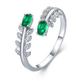 925 Sterling Silver Adjustable Rings for Women Leaf Ring Green Cubic Zirconia Ring Open Adjustable Ring Jewellery Gifts for Teenager Girls, Sterling Silver