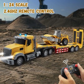 QuirkyGlee RC Semi Truck, Remote Control Semi Truck and Trailer Toy 22.5 Inch, 2.4Ghz Semi Truck Toy with Sound and Lights Road Roller Model, 1/24 RC Construction Vehicles Toy for Adults & Kids Boys