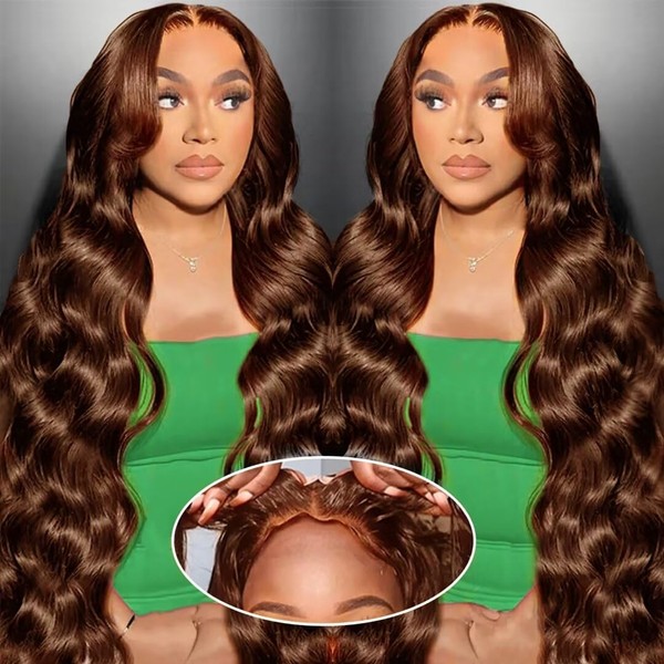 Real Hair Wig, Glueless Human Hair Wig, Chocolate Brown, 5 x 6 Precut Lace Front Wig, Human Hair, Body Wave Wigs, Women's Pre Plucked Natural Hairline Human Hair Wigs for Black Women, 30 Inches (76