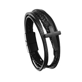 Caiyao Fashion Cross Leather Bracelet Alloy Cross Religious Gifts for Men Jewelry (Layers Black)