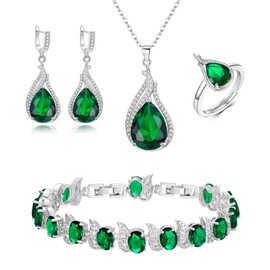 Clearine Sparkling Teardrop Emerald Cubic Zirconia Pendant Necklace Drop Earrings Tennis Bracelet Adjustable Ring Silver Bridal Jewellery Set Gift for Wedding/Birthday/Valentines/Mothers Day/Christmas