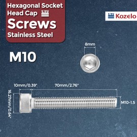 Kozelo 2pcs Hex Socket Head Bolts M10 304 Stainless Steel 1.5 x 70mm Hex Socket Screw Full Thread Cap Bolt Allen Socket Drive Hex Screw Machinery Equipment Repair Furniture Interior Fixing Building