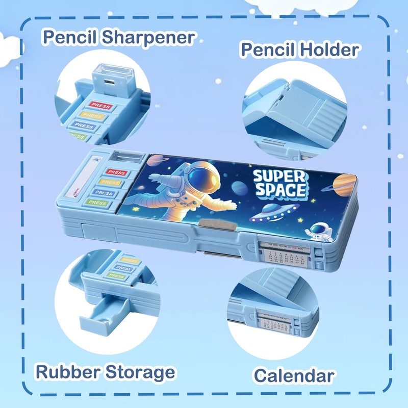 LilyBeauty ポップアップ多機能鉛筆ケース 女の子と男の子用 かわいい漫画のペンボックスオーガナイザー 文房具、シャープナー、スケジュール、ホワイトボード、学用品、子供への最高の贈り物(ライトブルー)