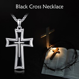 POPLYKE Black Cross Necklace for Men Women 925 Sterling Silver Cross Jewellery for Men 22+2''