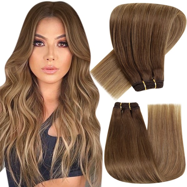 Hetto Real Hair Weft Extensions Medium Brown to Light Brown and Darkest Blonde Wefts Hair Extensions Natural Straight Real Hair Weft Extensions Ombre Brown 100 g 55 cm