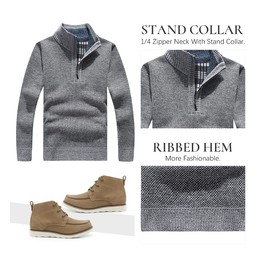 Les umes Mens Quarter Zip Jumper Plaid Fleece Lined Knit Turtleneck Sweater Warm Long Sleeve Stand Collar Pullover Wine S