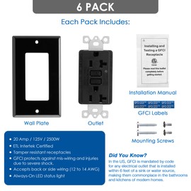 Asani 20 Amp GFCI Outlet with Matching Wall Plates, 6 Pack, 20A/125V 5-20R, Black Tamper-Resistant GFI Receptacle Set, ETL Listed Ground Fault Circuit Interrupter, Easy-Install