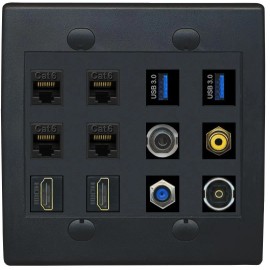 RiteAV 3.5mm 4 CAT6 F81 2 HD RCA-YELLOW TOSLINK 2 USB-3 Wall Plate Flat 2 Gang Black