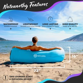 Nevlers Blue Inflatable Couch | 210T Polyester Blow Up Couch | No-Pump Inflatable Sofa | Blow Up Chair w/ 450lbs. Capacity, Pockets & Matching Bag | Compact Lounger for use as Beach Accessories