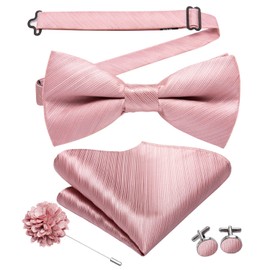 Hi-Tie Pretied Bowtie Lapel Pin Set for Men Pocket Square Cufflinks 4PCS Bow Tie Set Mens Wedding Business Party, Blush Pink