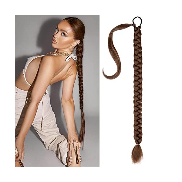 36 Inch Braided Ponytail Extension with Hair Tie, Synthetic Long Ponytail Extension, Straight Wrap Around Ponytail Hair Extensions for Black Women (Ginger Brown)