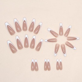 24PCS Reusable False Nails - Press on Nails, Short Long Almond Square Ballet Shape, Glue on Nails - Fake Nails for Women and Girls (White Glitter Ballet)