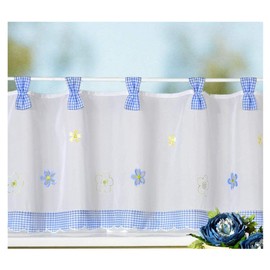 heimtexland Country Chic Net Curtain Spring Gingham Check Blue Tab-Top Bistro Country House with Flowers Embroidered H x W 45 x 150 cm – Very Nice Fall... Unpack, Hang Up, Done! Type 78 (Blue)