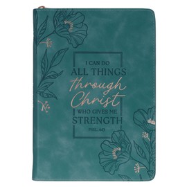 Christian Art Gifts Inspirational Zippered Journal, All Things Through Christ Wide Ruled Notebook, Phil. 4:13 Bible Verse, Teal Vegan Leather Floral, 336 Lined Pages w/scripture, (9” x 6.4” x .9”)