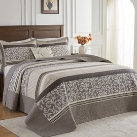 Bedduvit 100% Cotton Oversized King Bedspread - 120"x120" Extra Wide Quilt Set, Farmhouse Lightweight Striped Bed Spread Coverlet, Modern Floral Quilts King Size, 3 Pieces, Brown/Khaki/Gray/Beige