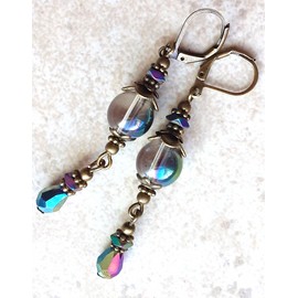 "Handmade" COLORIZED RAINBOW CRYSTAL & Hematite earring BRONZE LEVERBACK handcrafted XCBA