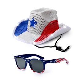 Funny World American Flag Cowboy Hat 4th of July Cowboy Hat for Women, Light Up Cowgirl Hat with 4th of July Sunglasses