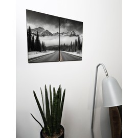 The Plum Penguin Canadian Rockies Mountain Road Fog Scene, A4 Dual Wooden MDF Wall Art, Monochrome Home Decor Canvas Alternative 40 x 30cm