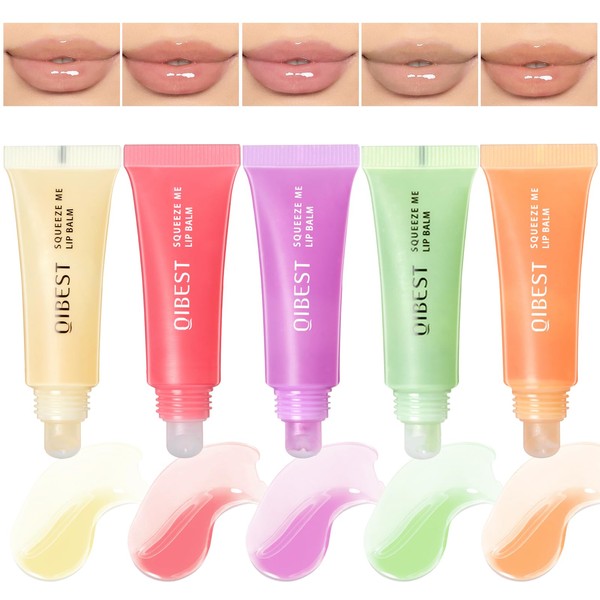 HOSAILY 5 Pcs Moisturizing Sheer Lip Balm, Fruit-Flavored Lip Gloss Lip Glow Oil, Non-Sticky Hydrating Tinted Lip Gloss Set, Clear Crystal Jelly Lip Oil Lip Balm Makeup for Dry Lips