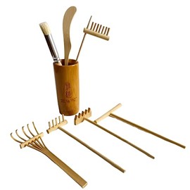 ZEN&TAO Natural Bamboo/Wood Made Miniature Six-Pieces Zen Garden Toolset Accessories for Meditation, Relaxation or Gift